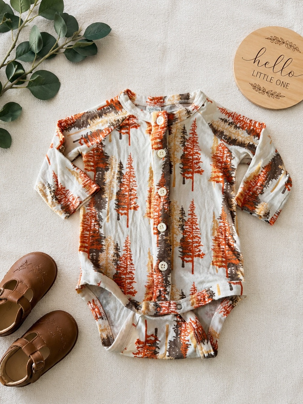 Kate Quinn Woodland Henley Bodysuit 3-6M Neutral Autumn Forest